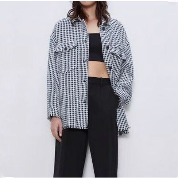 Zara Textured Houndstooth Oversized Shacket - Picture 1 of 7